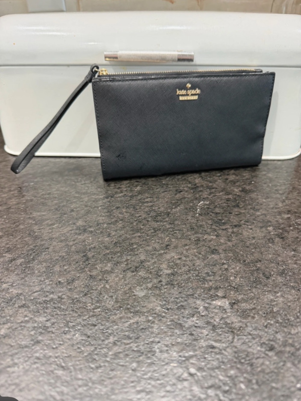 kate spade Black Saffiano Leather Wristlet with Gold Logo